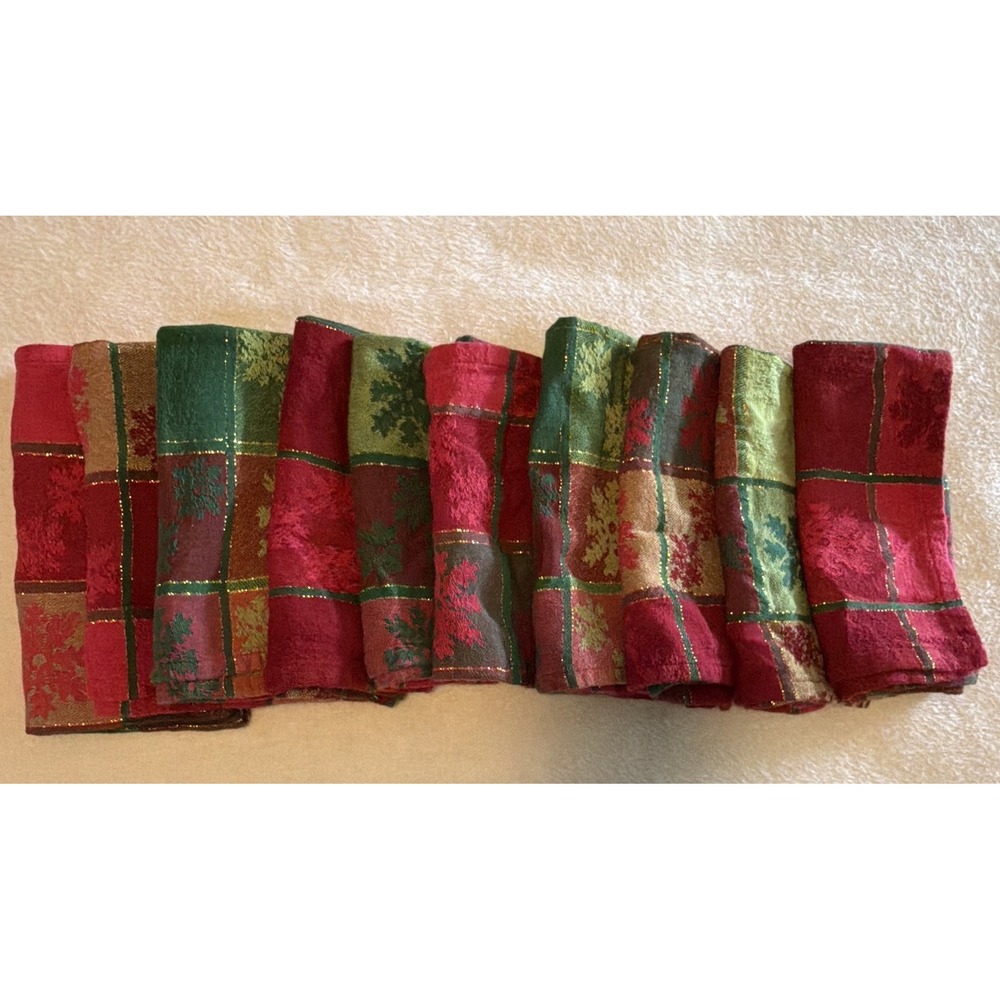 Vintage Christmas Cloth Napkins Set of 10 Red Green Patchwork Plaid Gold 16x18